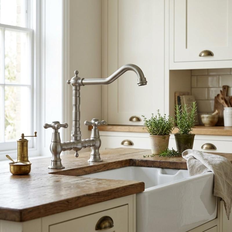 Aquanello Heritage Ascot Klassieke Keuken Nostalgische Brug Keukenkraan RVS met Kruishendels NB-0011-HM